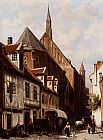 Cornelis Springer A Busy Street In Bremen With The Saint Johann Church In The Background painting